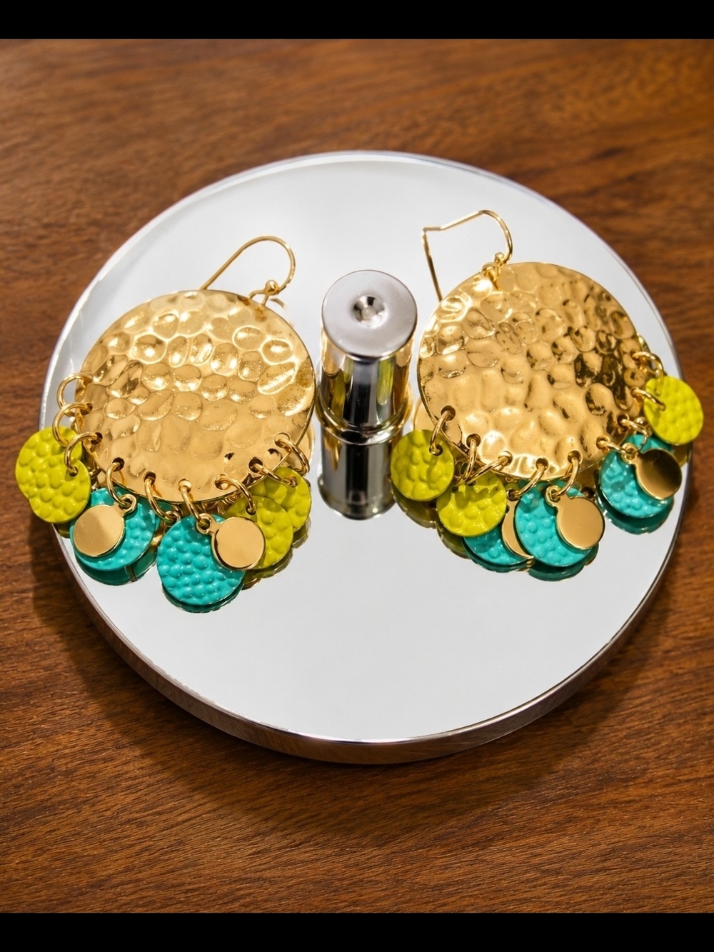 Gold Hammered Disc Earrings with Teal and Lime Dangles